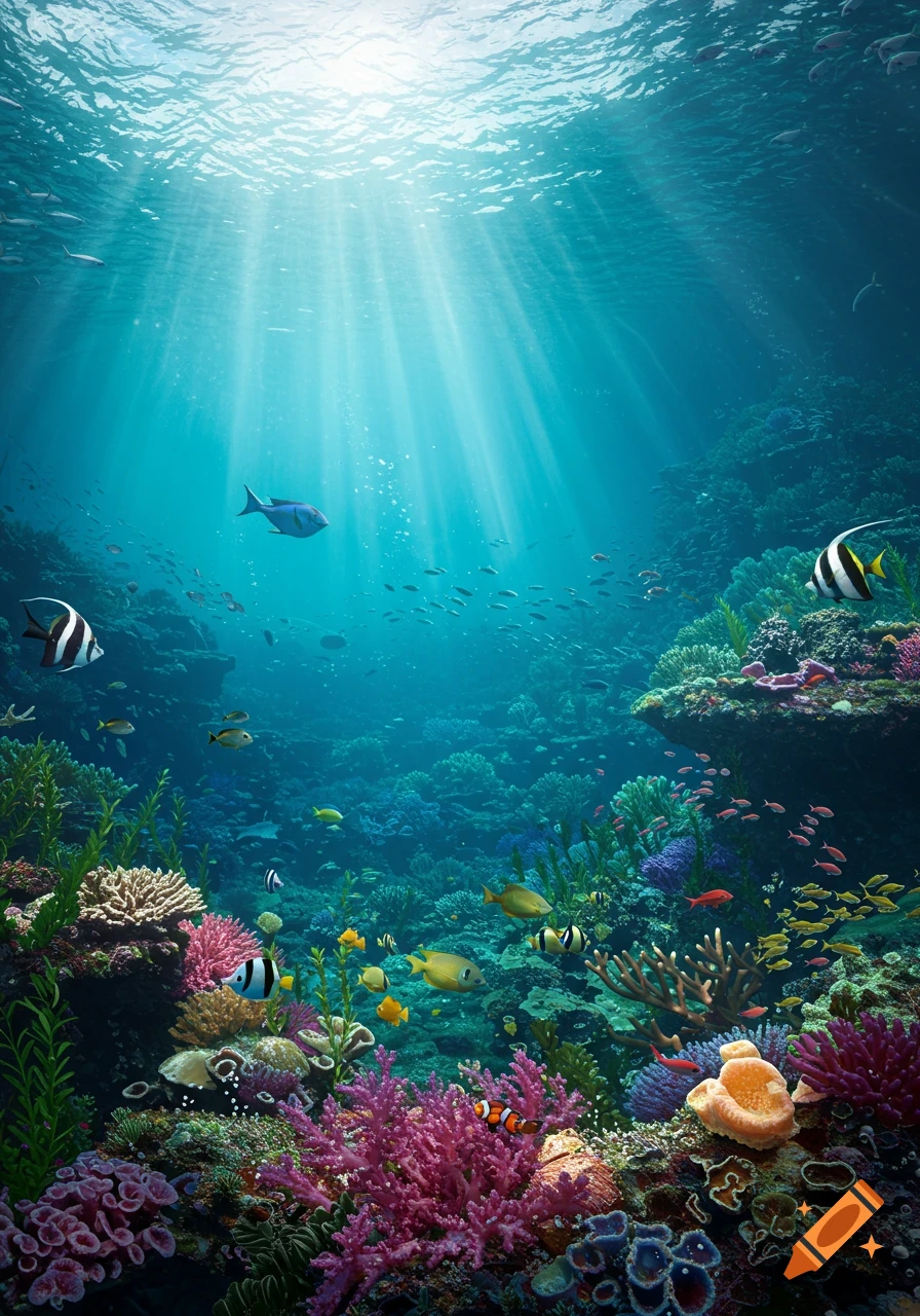 A vibrant coral reef scene with colorful fish swimming among corals and sunlight beaming from the surface.
