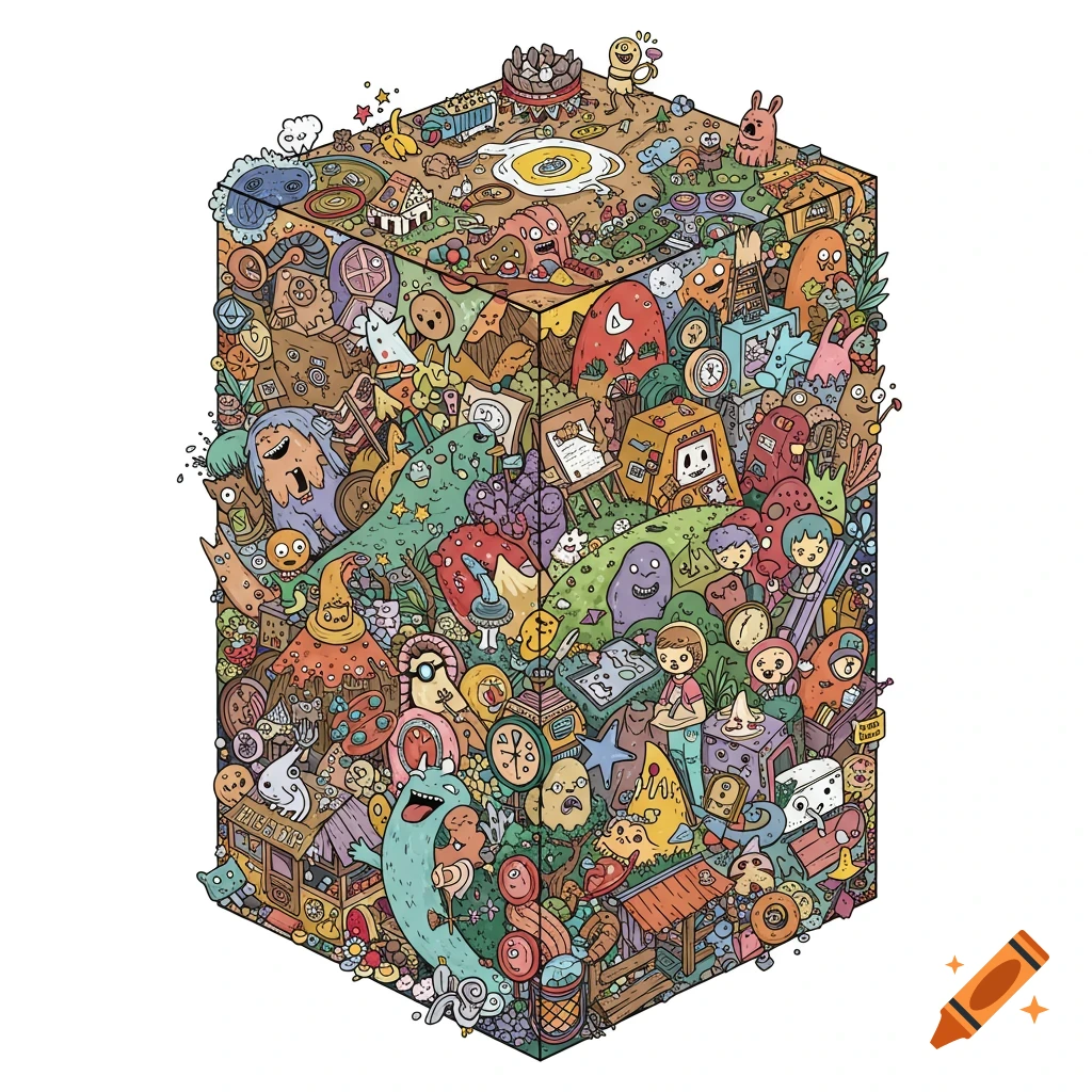 A detailed, whimsical cartoon illustration filling a cube with many characters, objects, and scenes.
