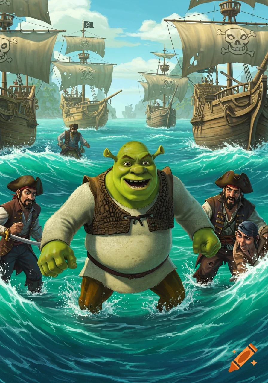 Shrek wading through the ocean with pirates and pirate ships in the background
