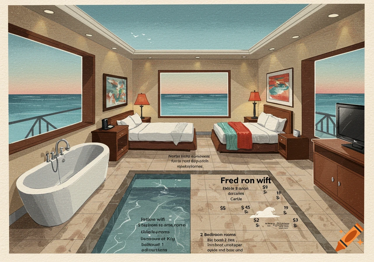 Illustrated hotel room with beds, tub, small pool, and ocean views
