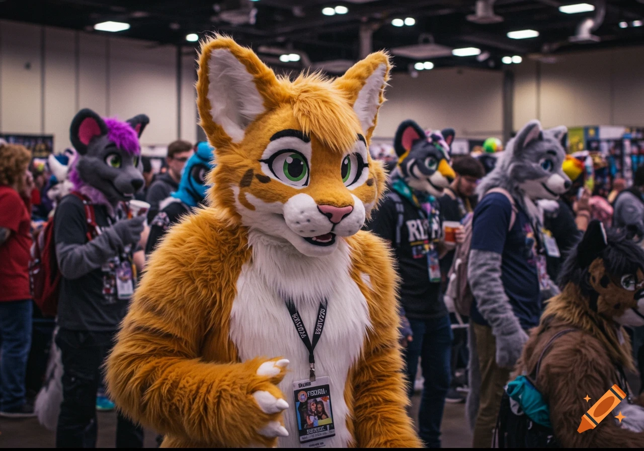 A close-up photograph shows a person in an orange tabby cat furry suit standing in a crowded convention hall among other furries.