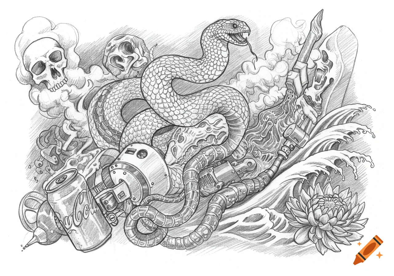 Pencil drawing of a snake, machine, skull, soda can, waves, and flower.
