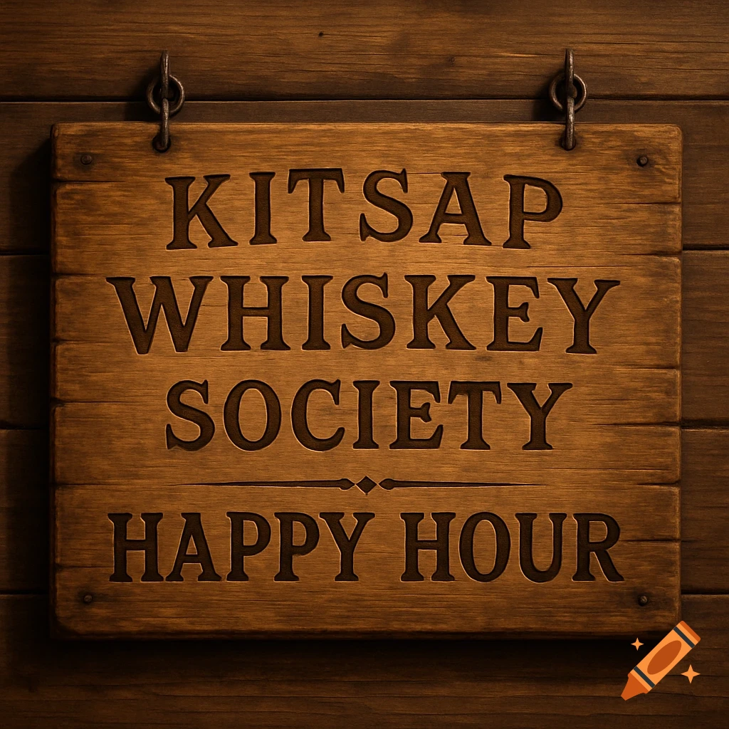 A wooden sign with carved text reading 'Kitsap Whiskey Society' and 'Happy Hour' hangs on a wooden wall.