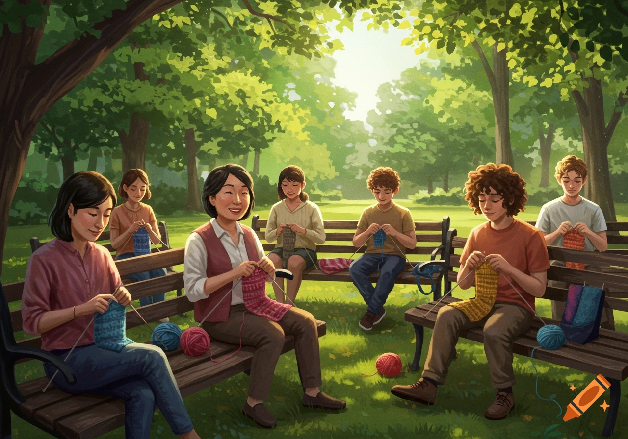 Many people sit on benches in a sunny park, knitting.