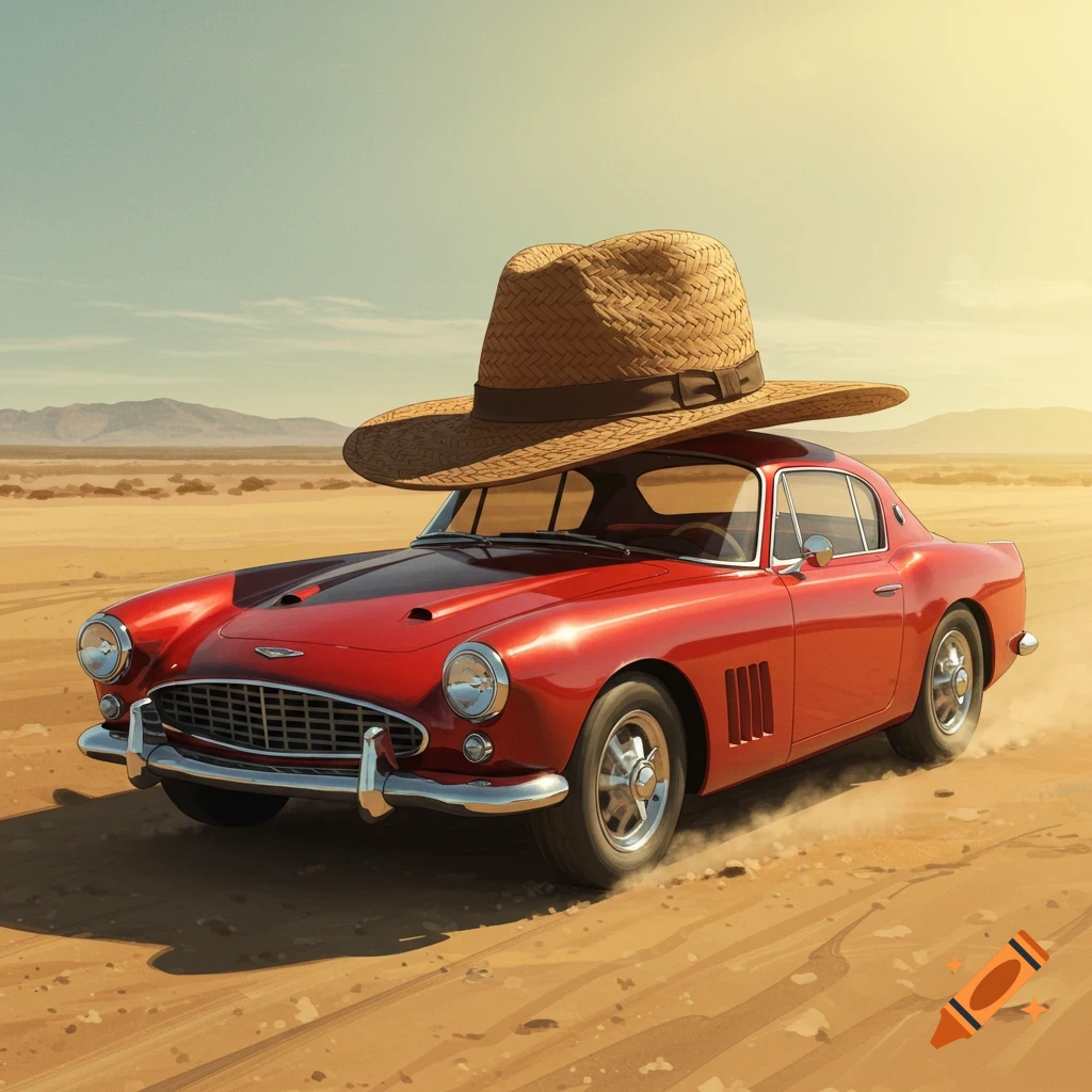 A vintage red sports car drives through a desert landscape with a straw hat perched on its roof.