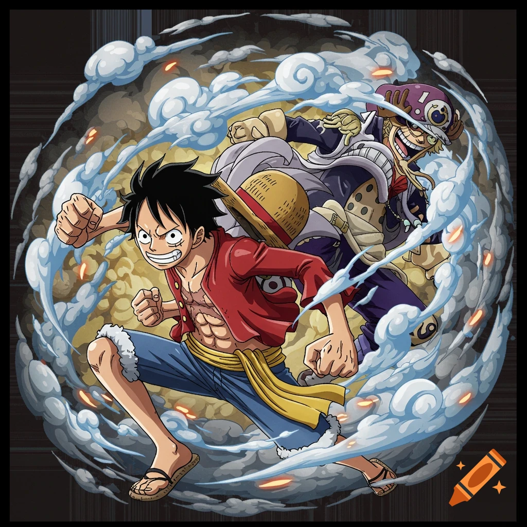Luffy and a masked character in an action pose from One Piece, anime style.
