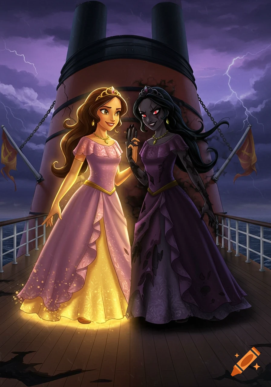 Good and evil characters on a ship during a storm.