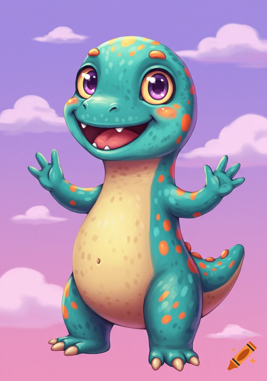 A cute, cartoony teal dinosaur with orange spots and purple eyes stands against a pink and purple sky.