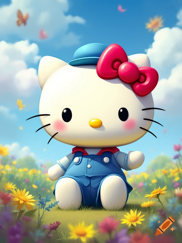 Hello Kitty wearing overalls sits in a field of colourful flowers under a sunny sky with butterflies.