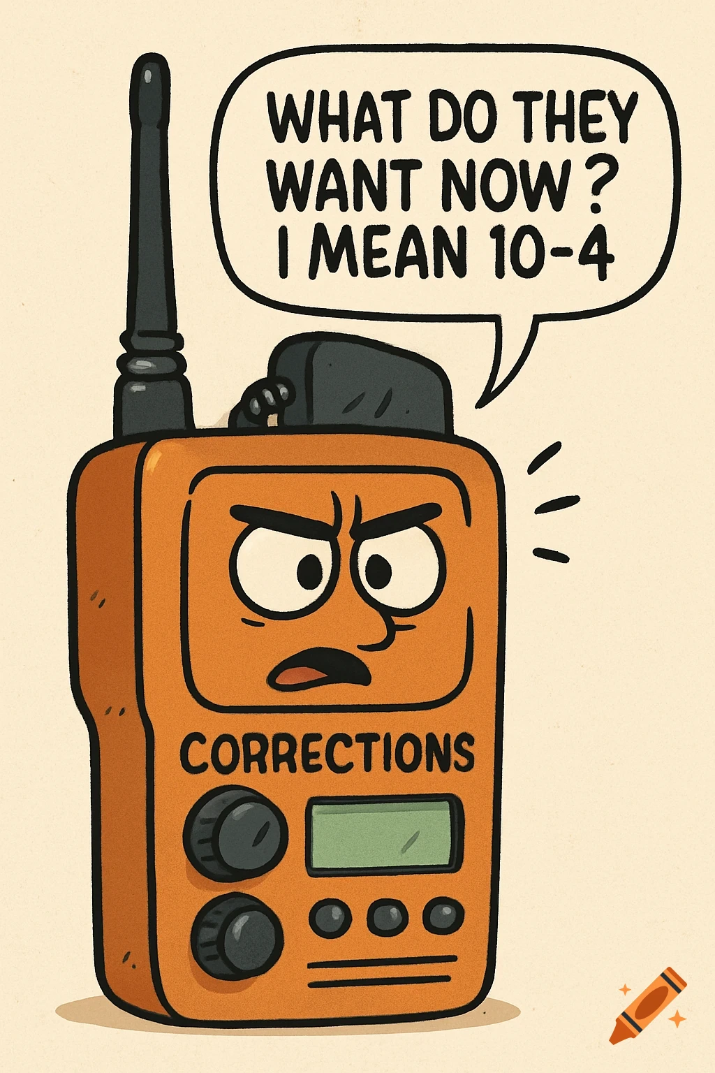 Cartoon of an orange radio with a face and the text 'CORRECTIONS', speaking 'WHAT DO THEY WANT NOW? I MEAN 10-4'.