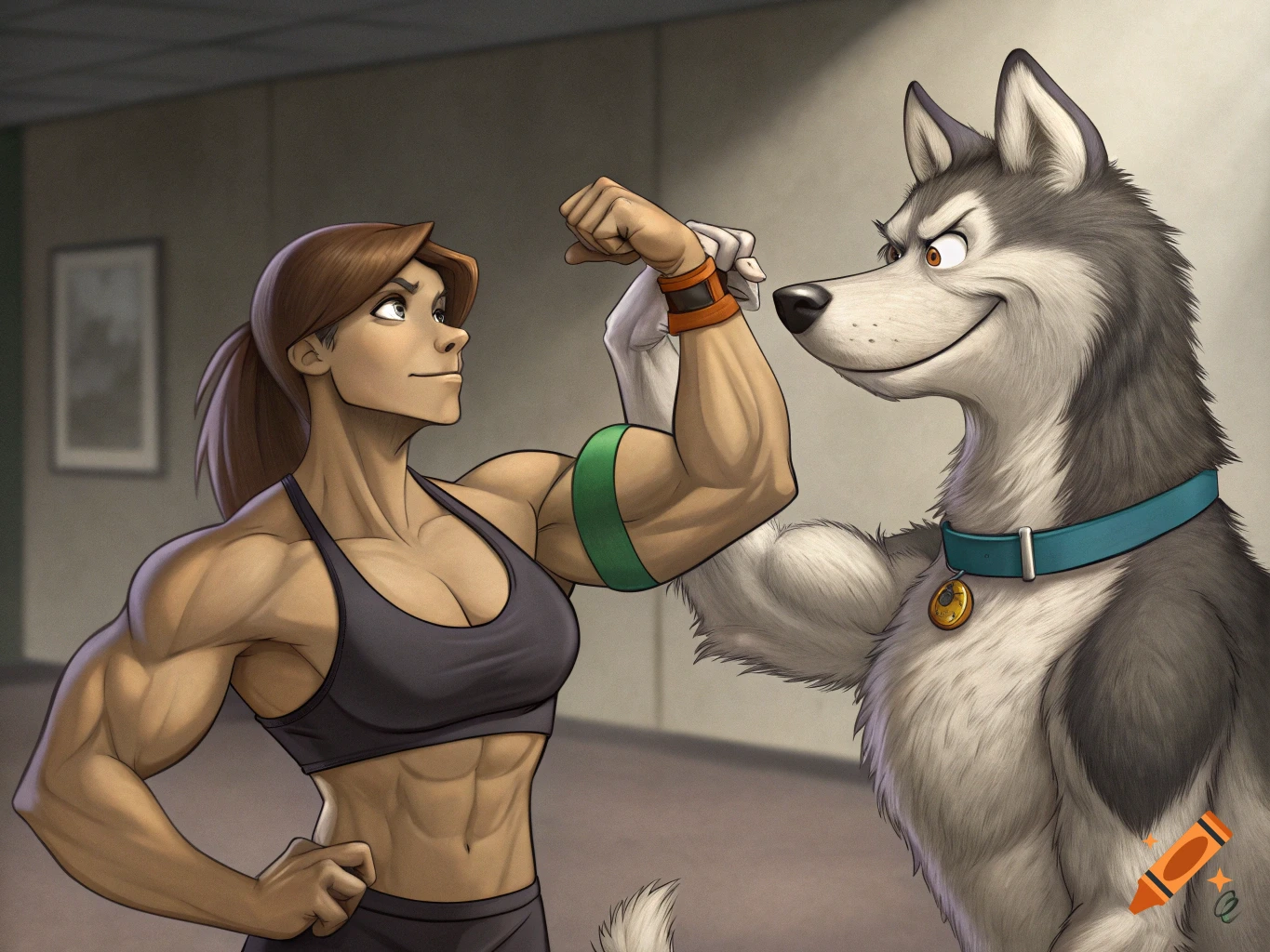 Cartoon style depiction of a muscular woman and a husky flexing in a gym.