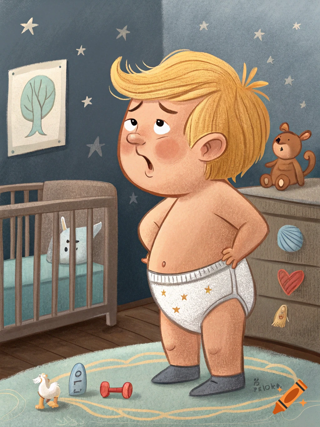 A cartoon illustration of a blonde baby in a diaper standing in a nursery with a crib and toys.