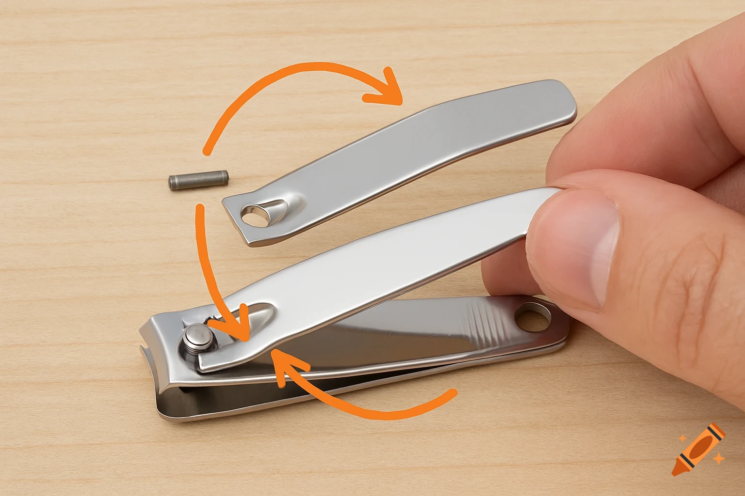 Close-up of a hand demonstrating how to handle a metal nail clipper, with orange arrows indicating movement.