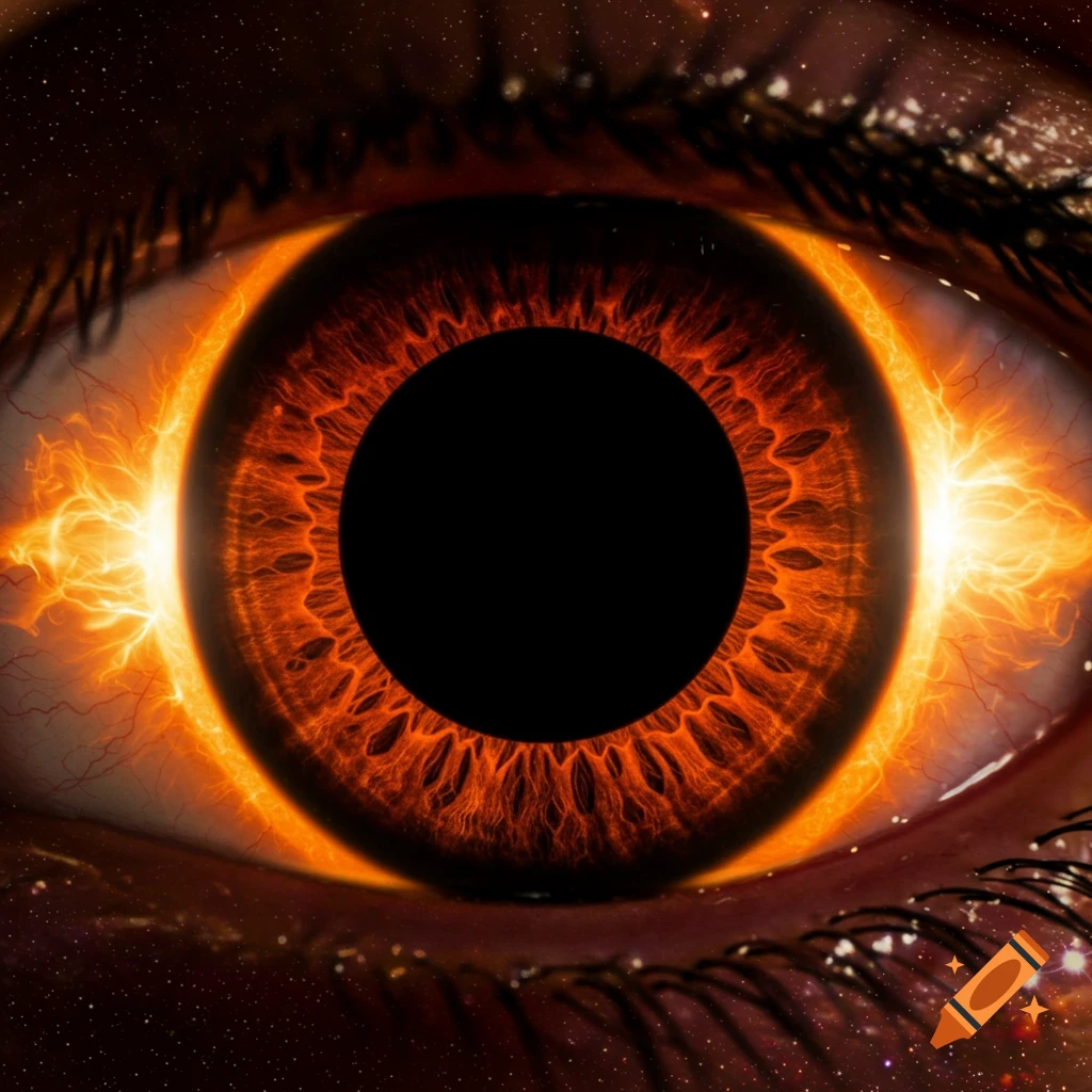 Close-up of an eye with the iris resembling a solar eclipse, featuring orange plasma effects and a starry background.