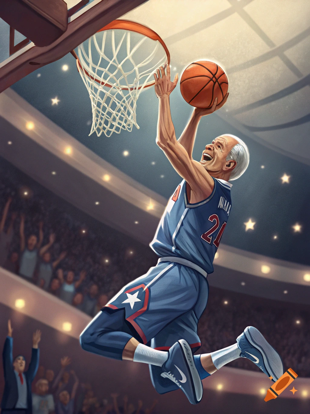 Illustration of Joe Biden slam dunking a basketball in a stadium.