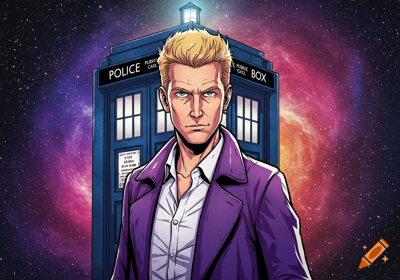 Illustration of a man with blonde hair and purple coat standing in front of a blue box in space.