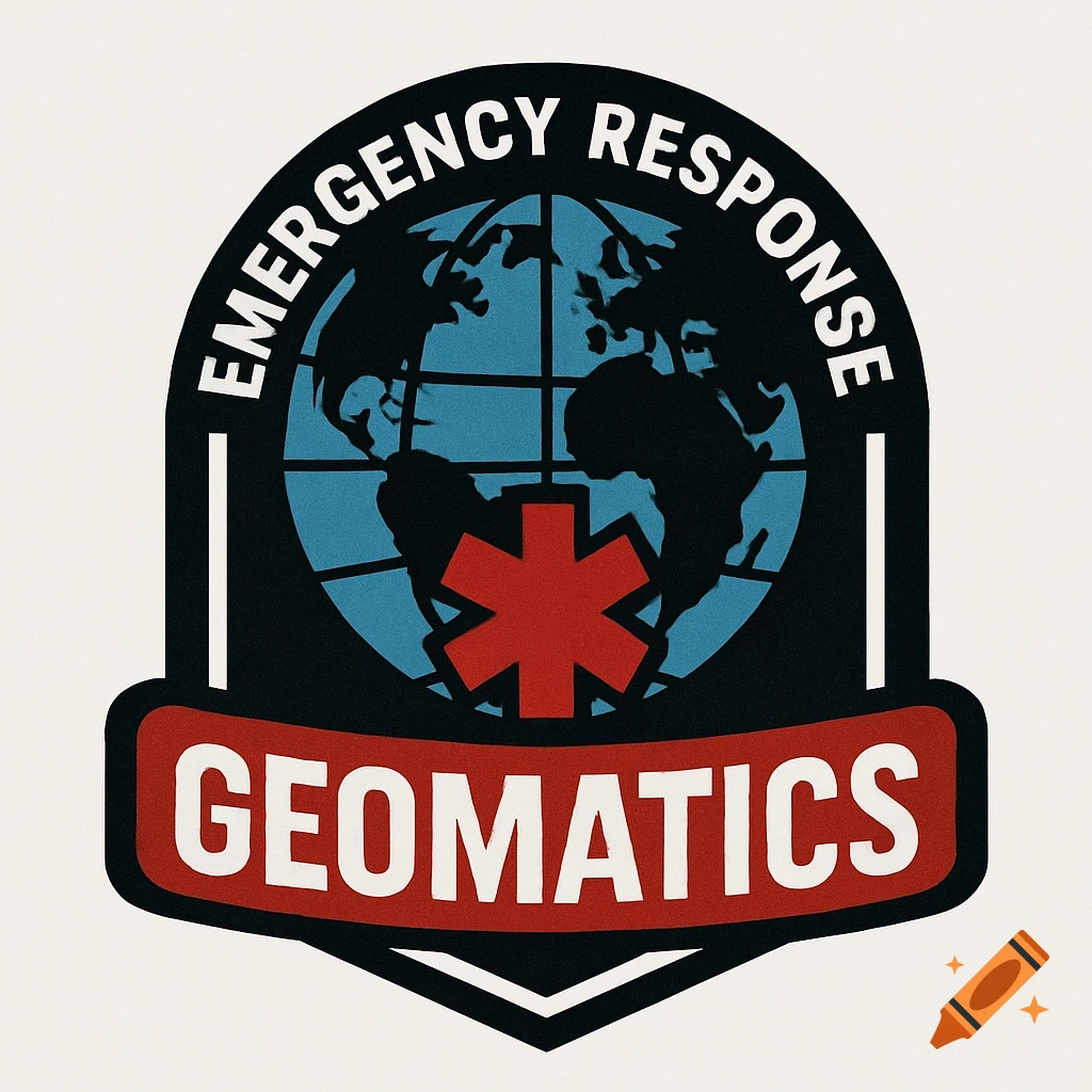 A shield-shaped logo featuring a globe with a red star of life symbol, text above reading "EMERGENCY RESPONSE", and text below reading "GEOMATICS".