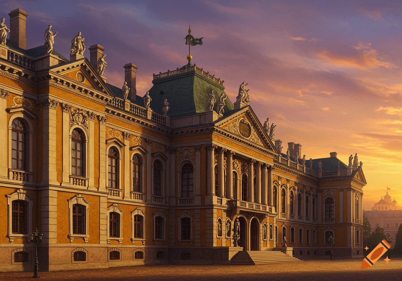 Detailed illustration of a grand baroque palace at sunset, with statues on the roof.