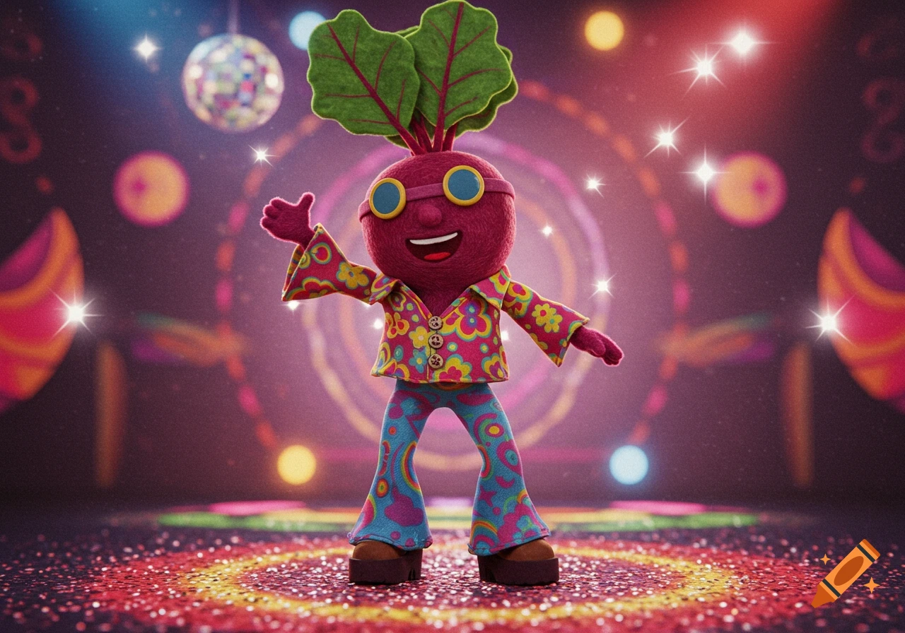 A felt cartoon beetroot character wearing 1970s disco clothes dances under a disco ball.