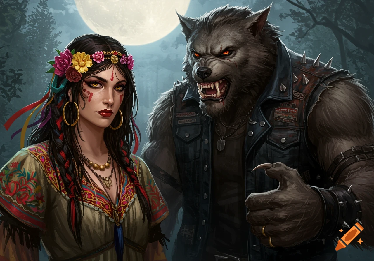 A woman and a werewolf stand together in a dark forest under a full moon