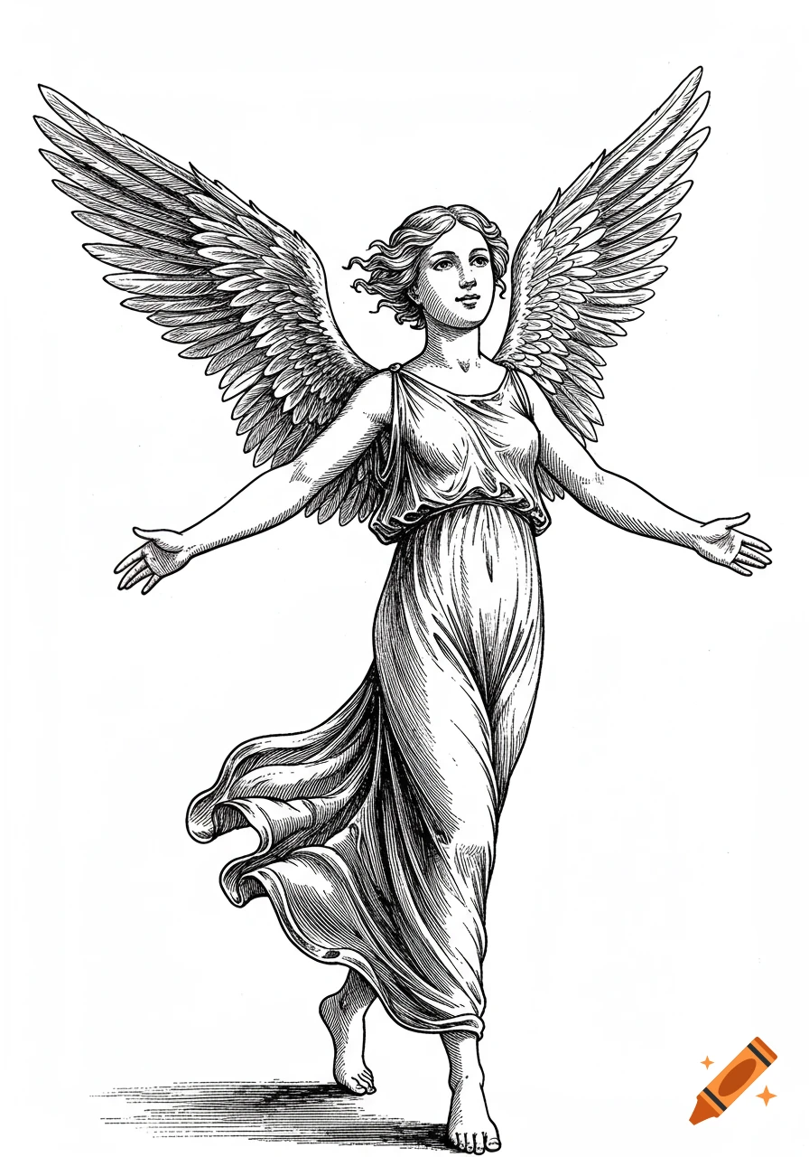 A monochrome engraving of an angel with arms spread, walking.
