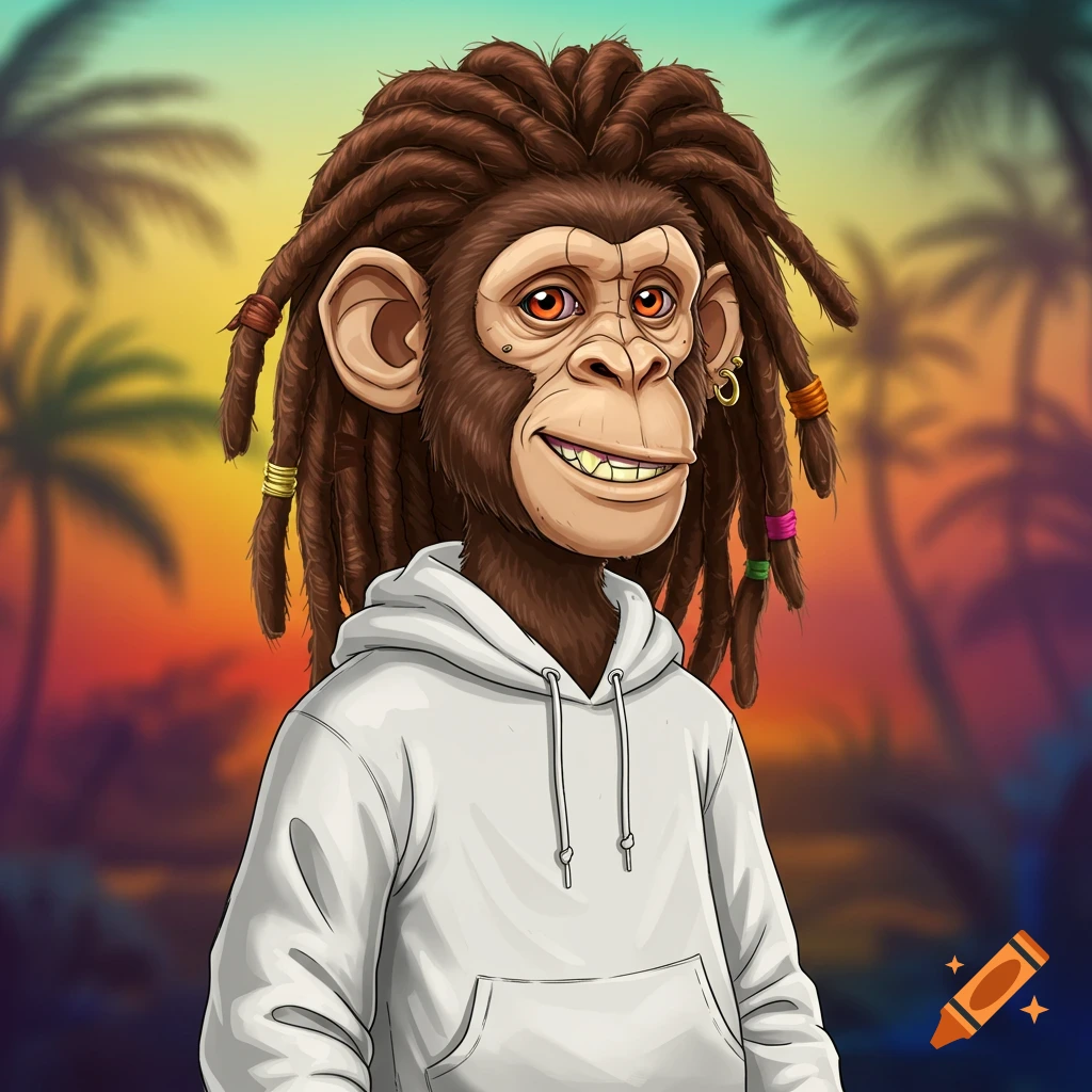 Cartoon monkey with dreadlocks wears a white hoodie in a tropical sunset scene.