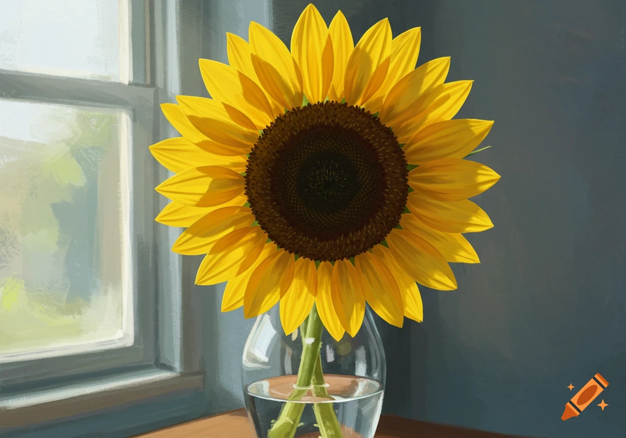 A sunflower in a glass vase sits on a table by a window, painted. on ...