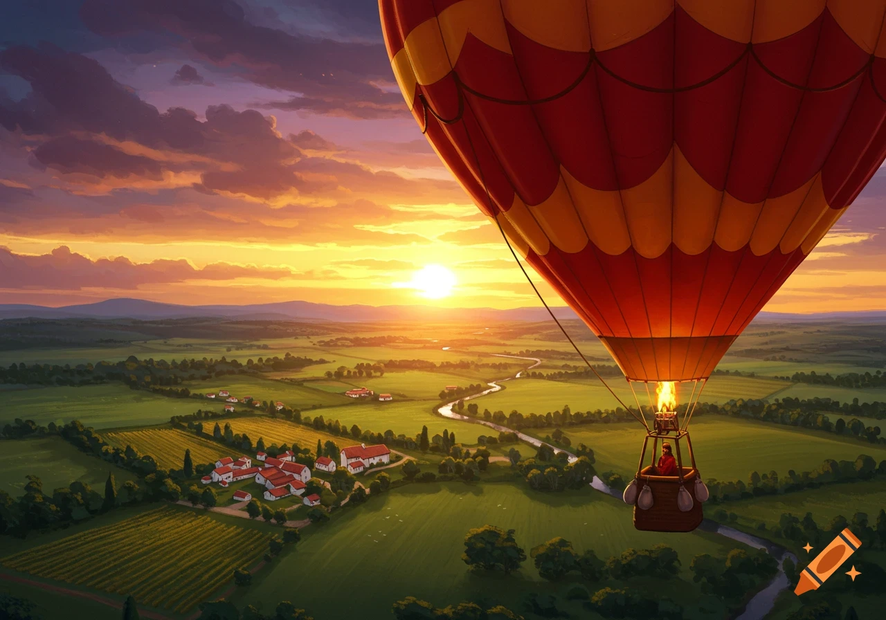 A hot air balloon flies over a green landscape with a river and houses at sunset.