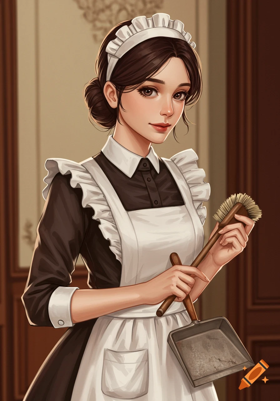 A stylized portrait of a maid holding a brush and dustpan.