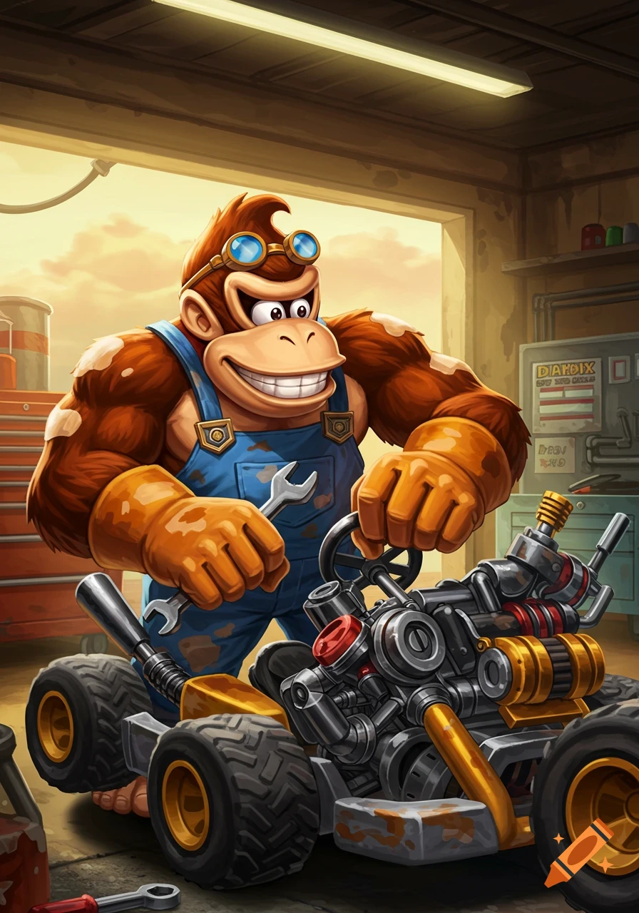 Cartoon ape mechanic in overalls and goggles works on a go-kart in a garage.