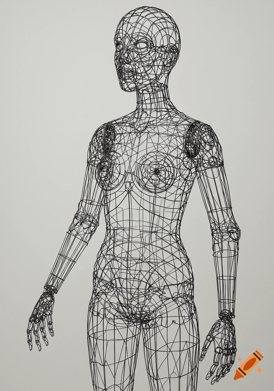 Wireframe sculpture of a standing human figure