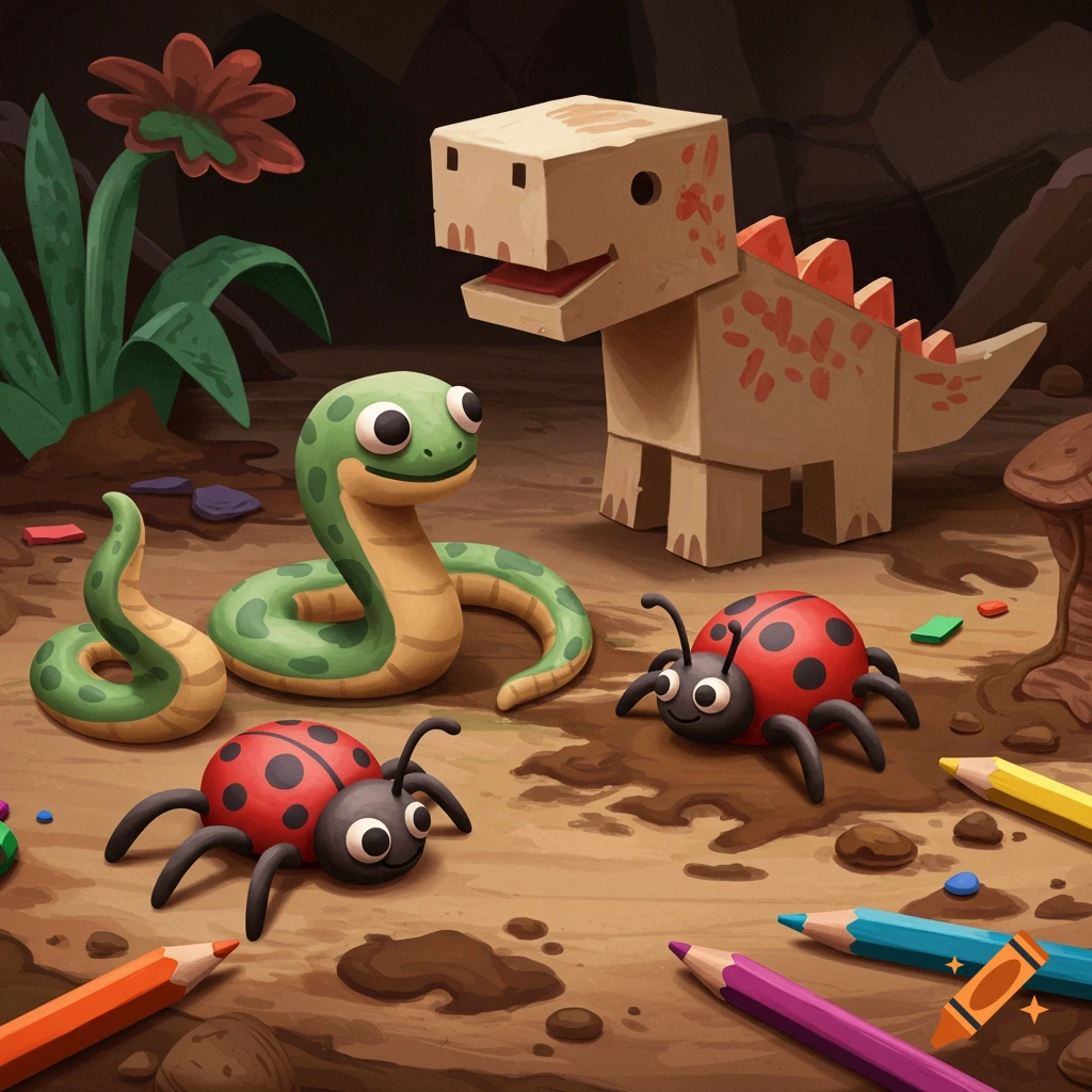 A diorama with clay models of a snake and two ladybugs, a cardboard dinosaur, colored pencils, and mud.