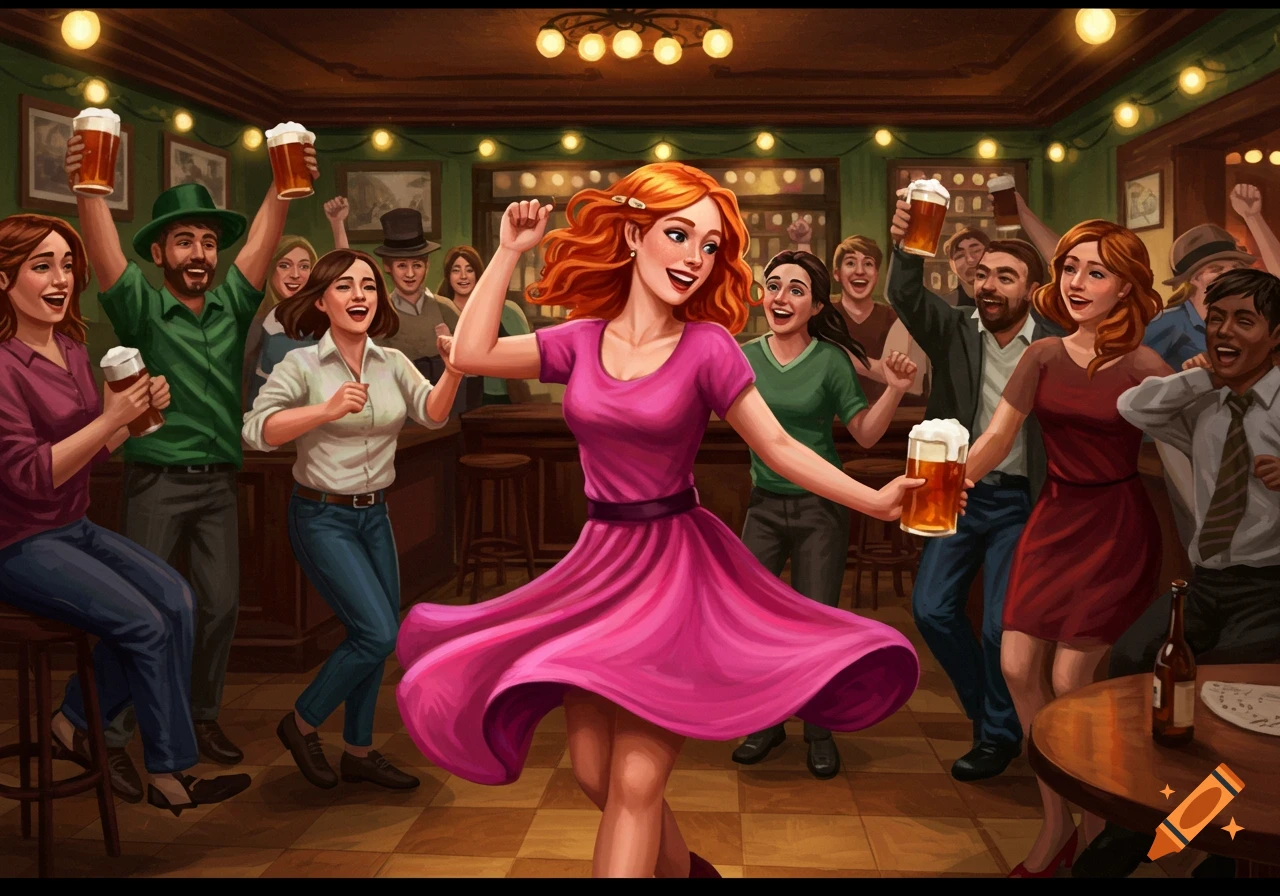 Lively illustration of people dancing and celebrating with drinks in a crowded Irish pub.