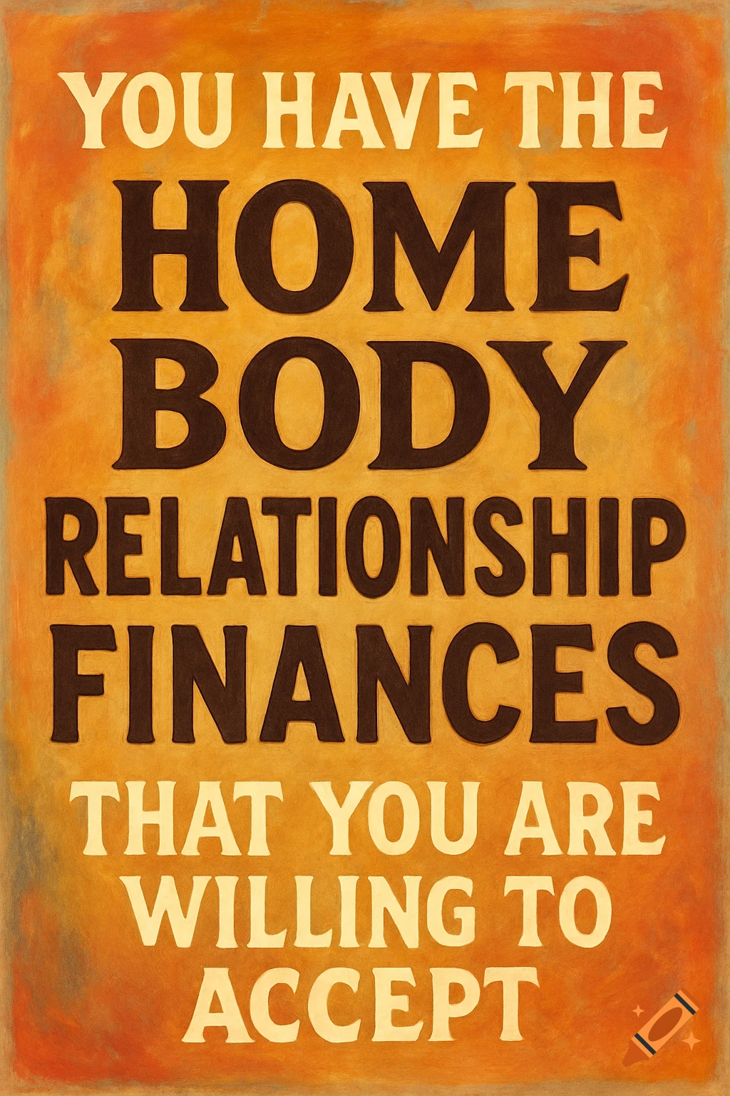 A poster with the text 'You have the Home Body Relationship Finances that you are willing to accept' on an orange background.