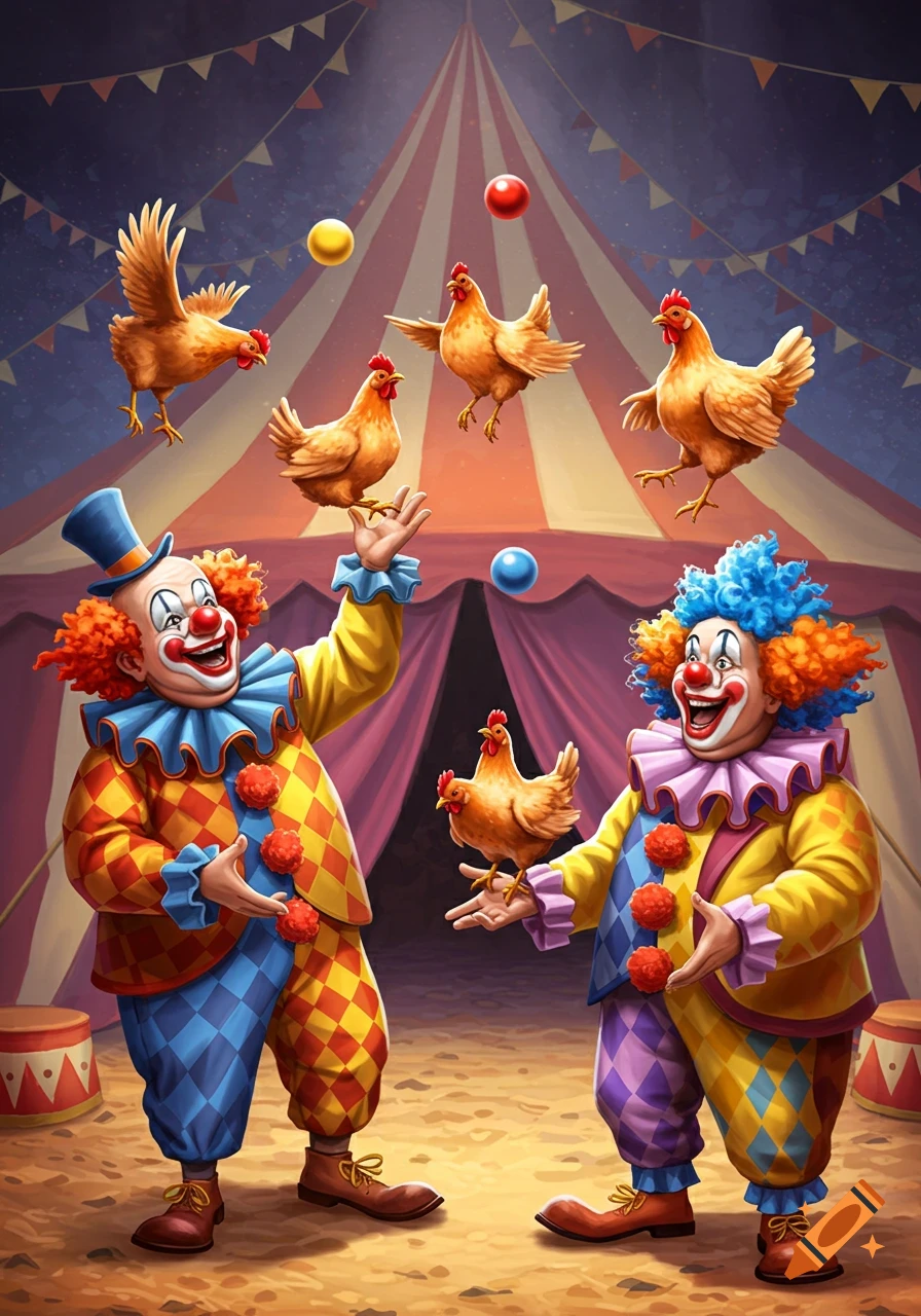 Two colorful clowns juggle chickens and balls under a circus tent at night. Illustration.