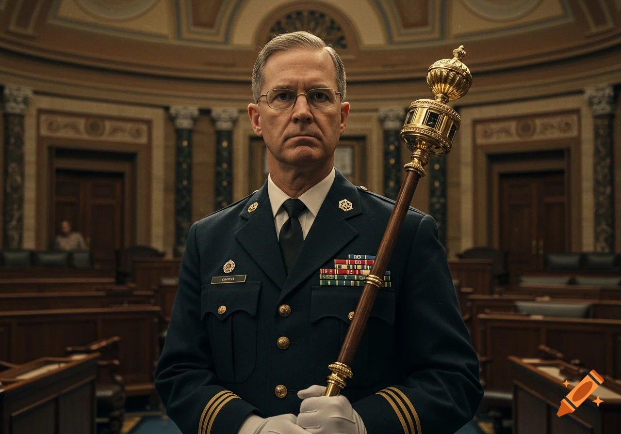 Man in uniform holding a ceremonial mace in a legislative chamber, photorealistic.