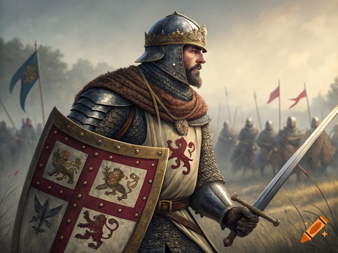 A knight in armor holds a sword and shield on a battlefield.