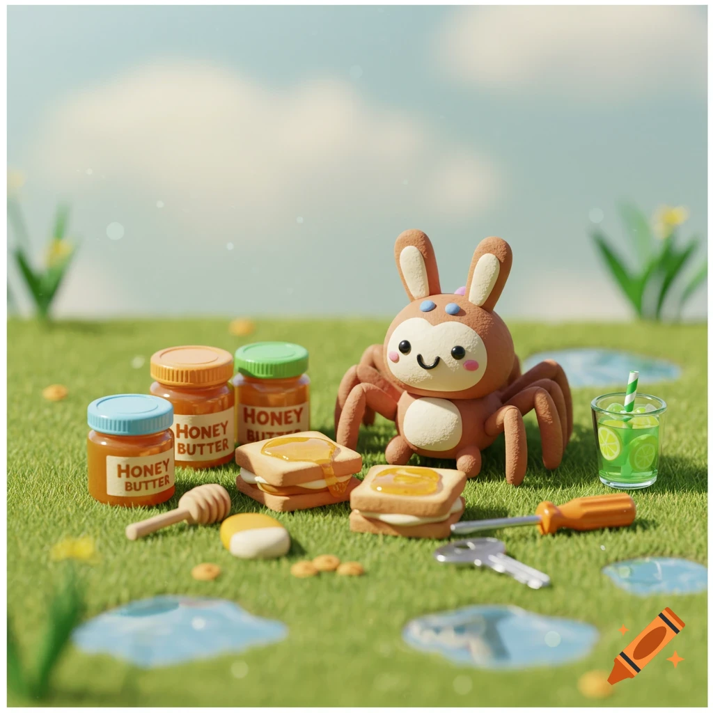 A clay model of a cute bunny spider picnicking on grass with honey butter sandwiches, honey jars, and lemonade.