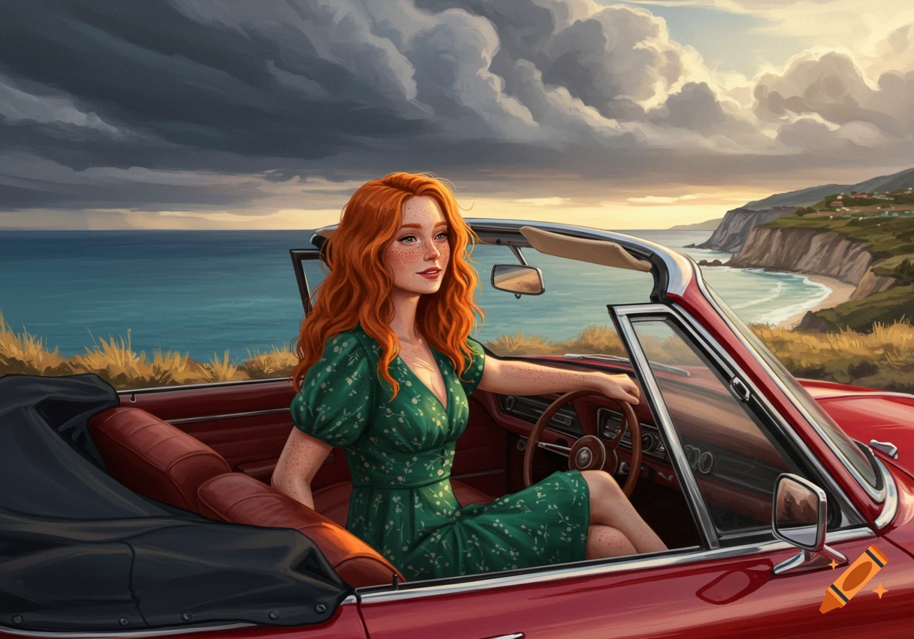 Redhead woman driving a red convertible along a scenic coast road.