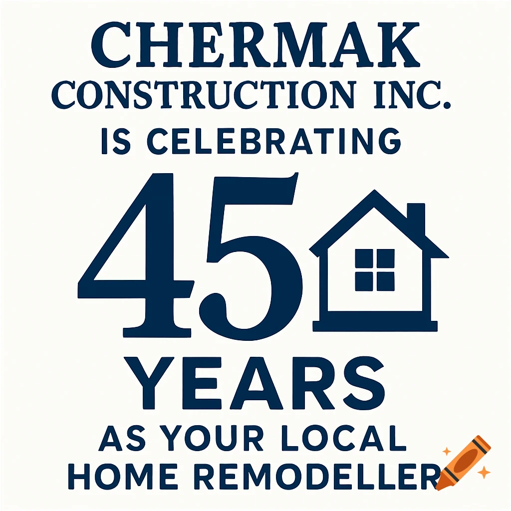 Graphic with text Chermak Construction Inc. Is Celebrating 45 Years As Your Local Home Remodeller and a house icon.