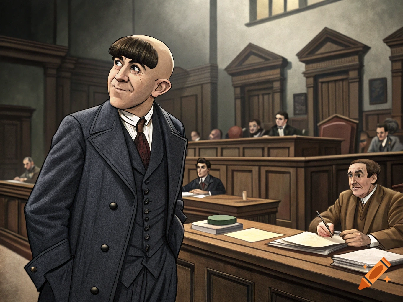 A caricature of a man with a bowl cut in a suit stands in a courtroom.