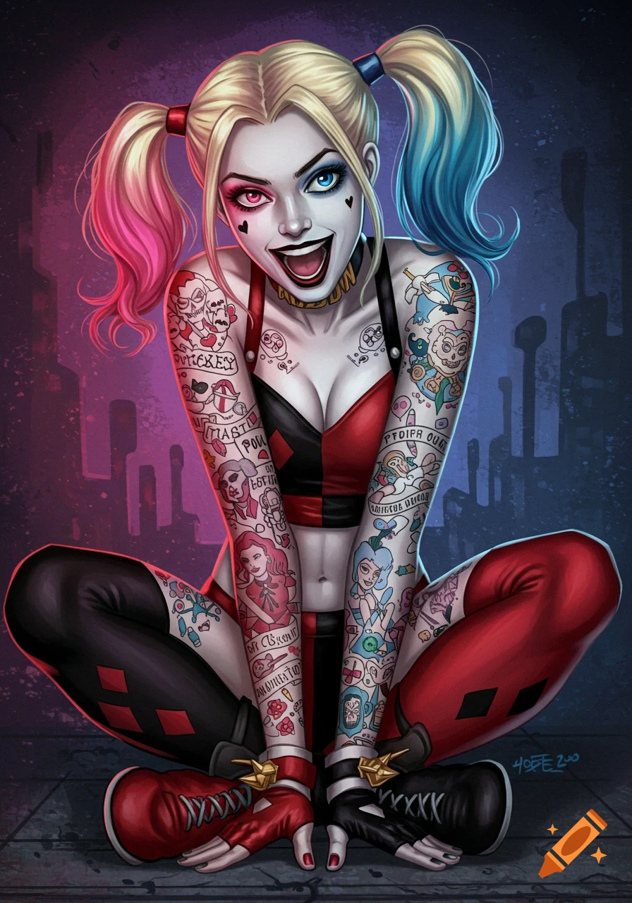 A detailed illustration of Harley Quinn sitting cross-legged, covered in colorful cartoonish tattoos, wearing her signature red and black outfit.
