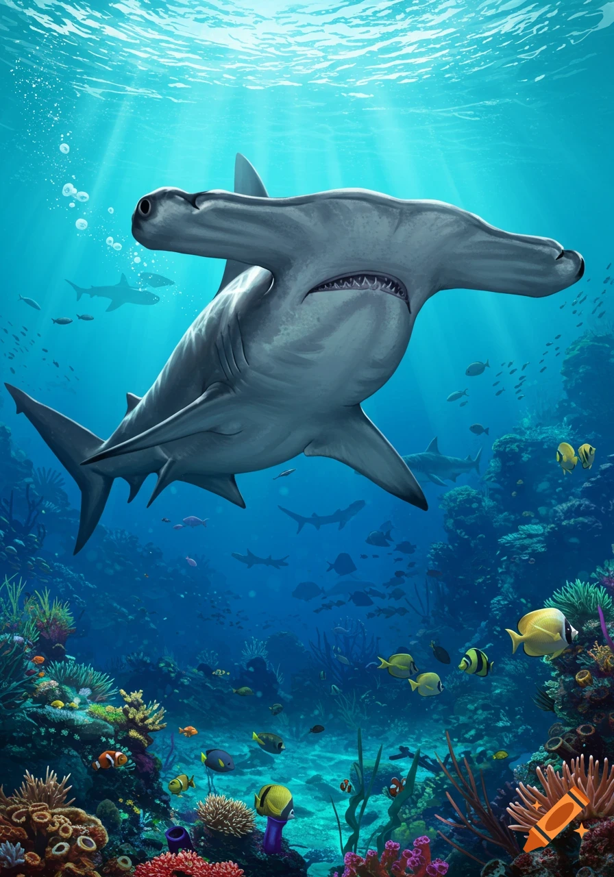 A large hammerhead shark swims through a vibrant coral reef with various fish.