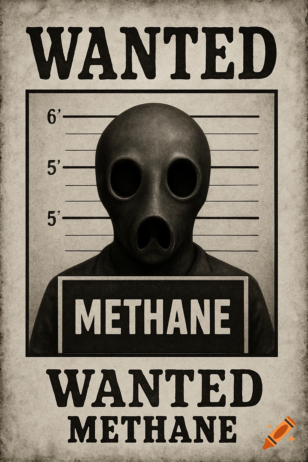 A grayscale wanted poster shows a figure in a black gas mask with the word "METHANE" on a sign around their neck.