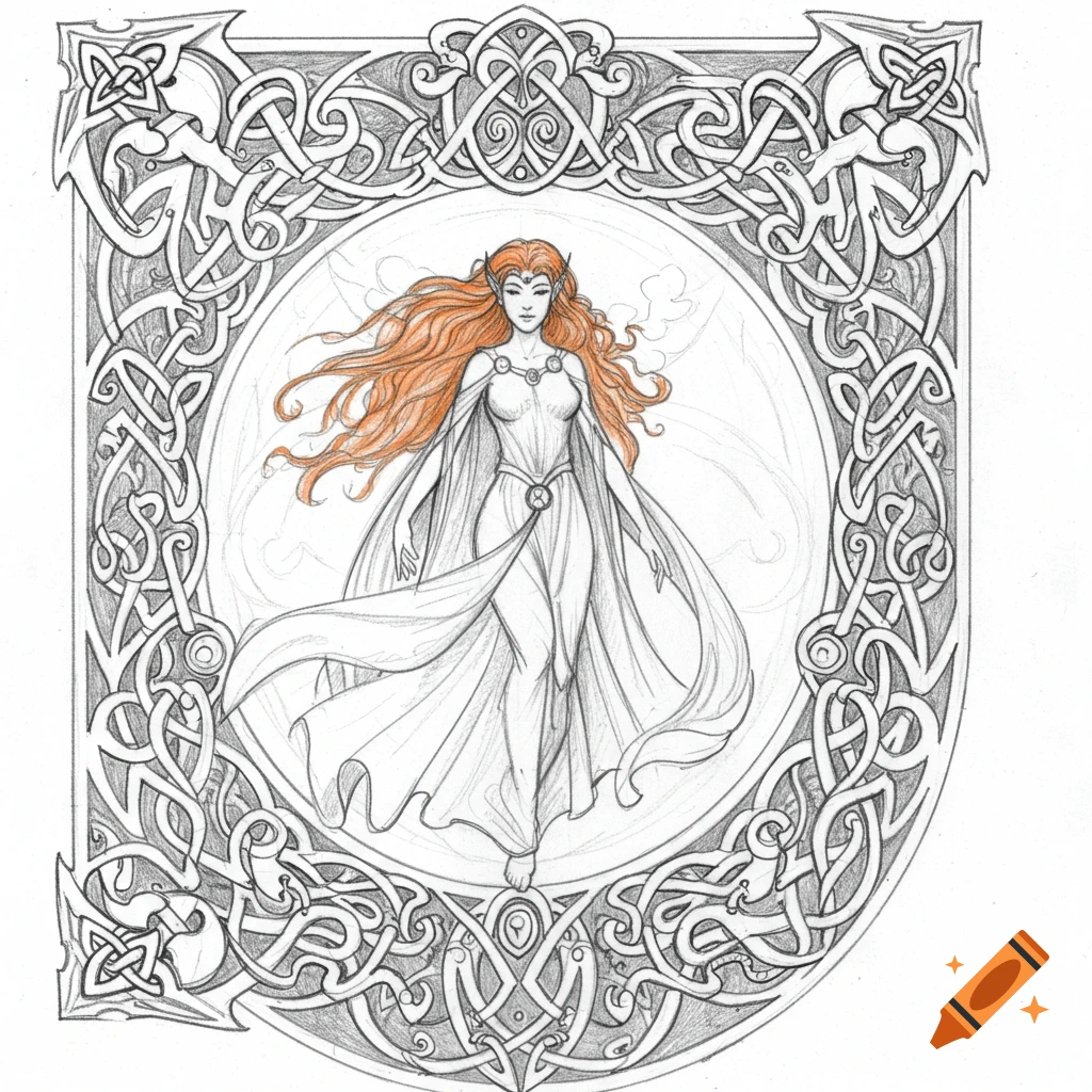 Pencil sketch of a woman with orange hair in a dress and cape inside a decorative Celtic knot border