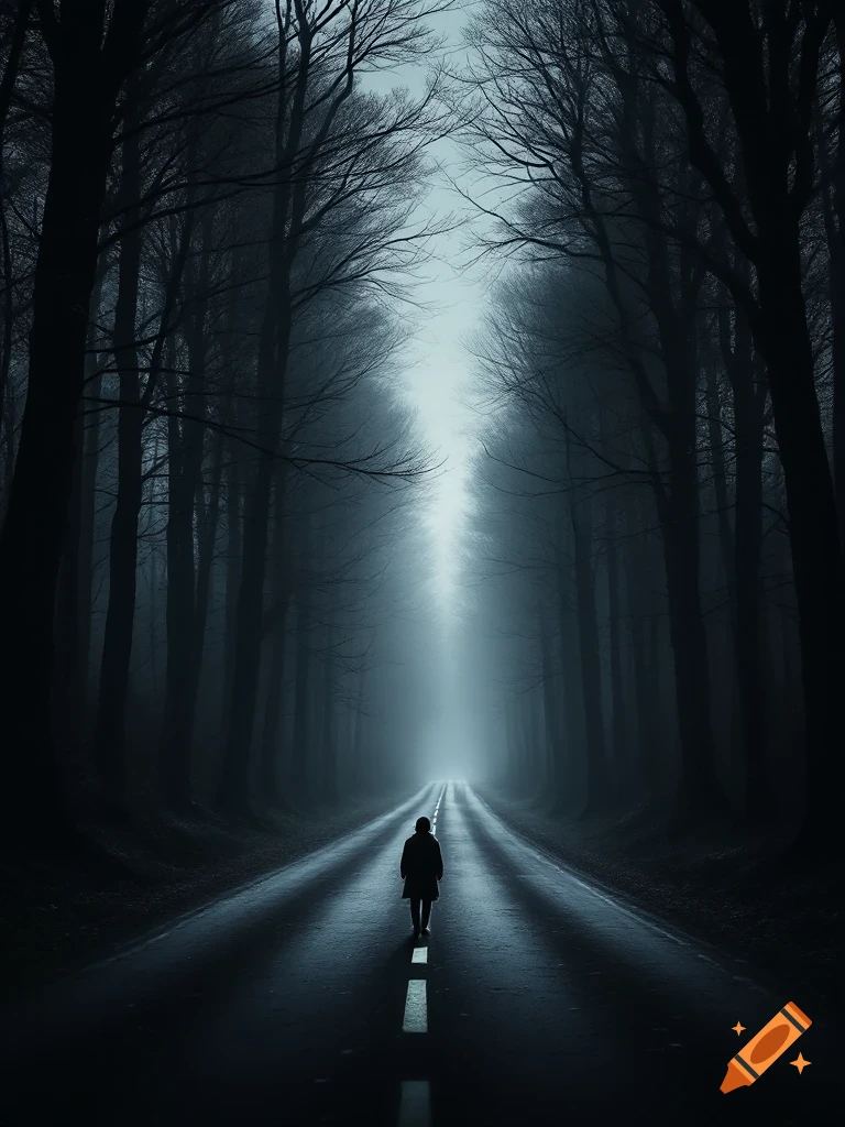 A person walks down a dark, foggy road through a forest