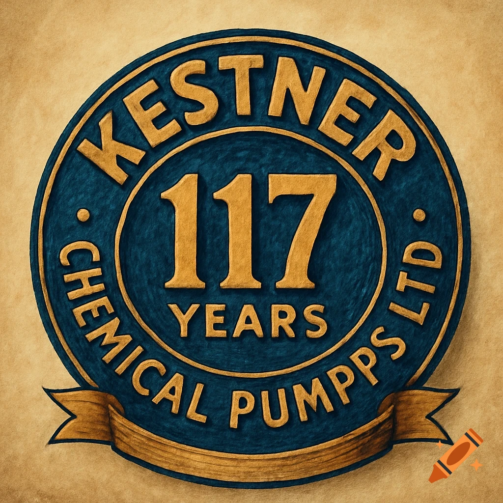 A blue and gold circular badge reads 'Kestner 117 Years Chemical Pumpps Ltd' on a textured background.