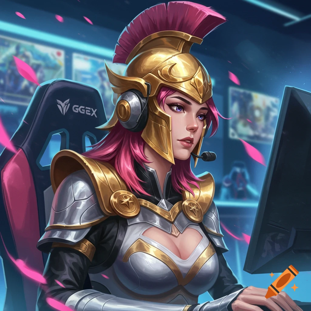 Woman in fantasy armor and helmet playing esports on a monitor.