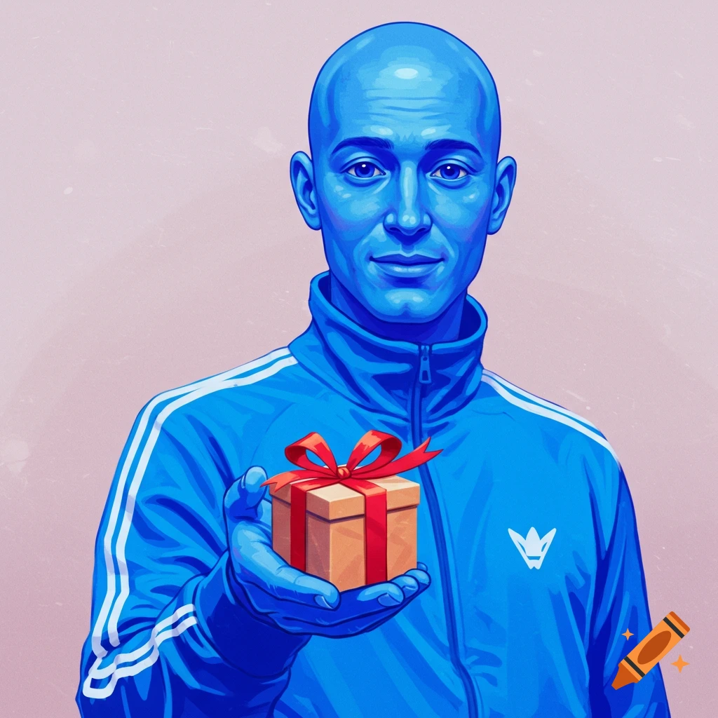 Bald blue-skinned man in a blue tracksuit holds out a gift box. Digital art.