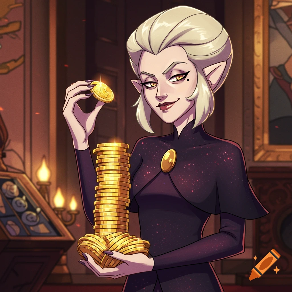 Cartoon of a character from The Owl House holding a large stack of gold coins.